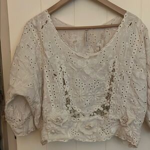 Magnolia Pearl Cream Cropped Embellished Blouse 3/4 Sleeve